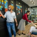 Team members collaborating in a modern office with sticky notes on a wall, focusing on brainstorming and strategy.